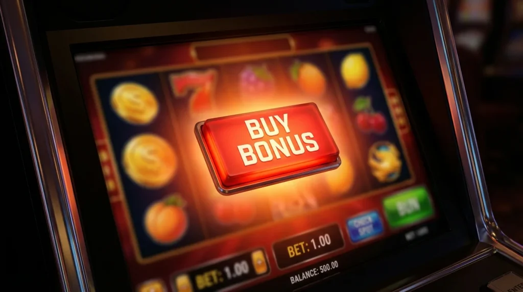 Bonus buy slots not on GamStop – close-up of a feature purchase button on a slot screen