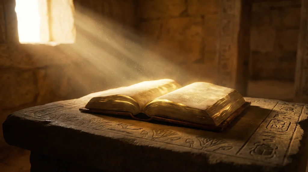 Book of slots not on GamStop — ancient Egyptian open book with golden glow