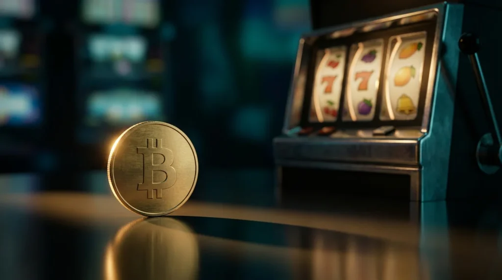 Crypto slots not on GamStop – Bitcoin coin next to a glowing slot machine