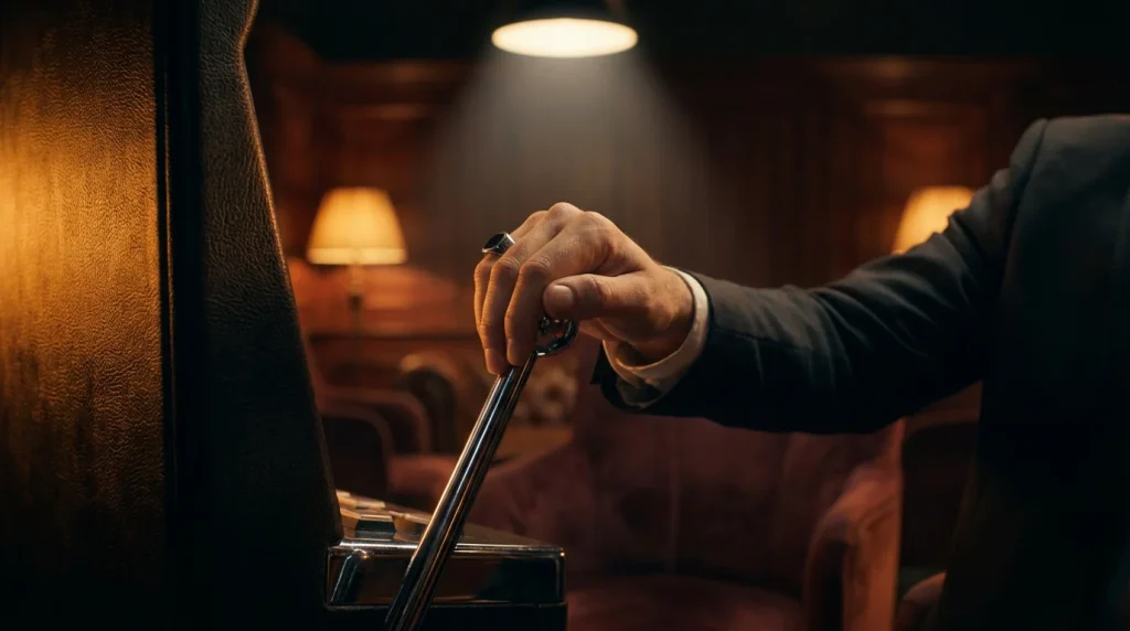 Close-up of a hand pulling a slot machine lever in a dimly lit high-roller lounge