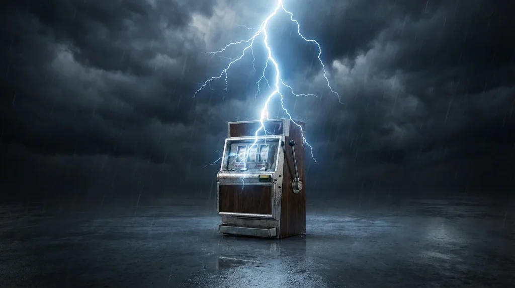 High volatility slots not on GamStop — dramatic lightning striking a slot machine