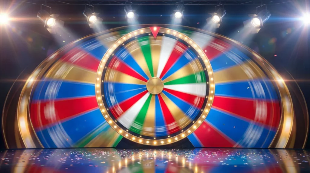 Live game shows not on GamStop — colourful spinning wheel in a studio
