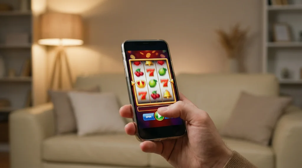Mobile slots not on GamStop – hand holding a smartphone with a slot game on screen