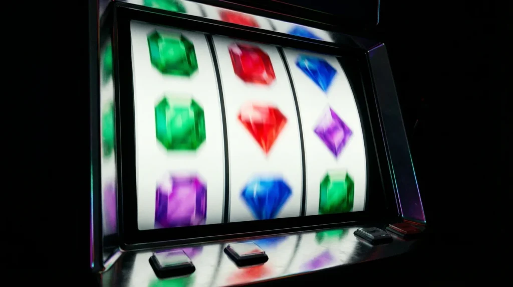Glowing slot machine reels mid-spin with vibrant gem-shaped symbols in a dark room