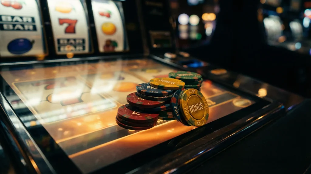 No deposit bonus chips stacked on a slot machine panel with free spins highlighted