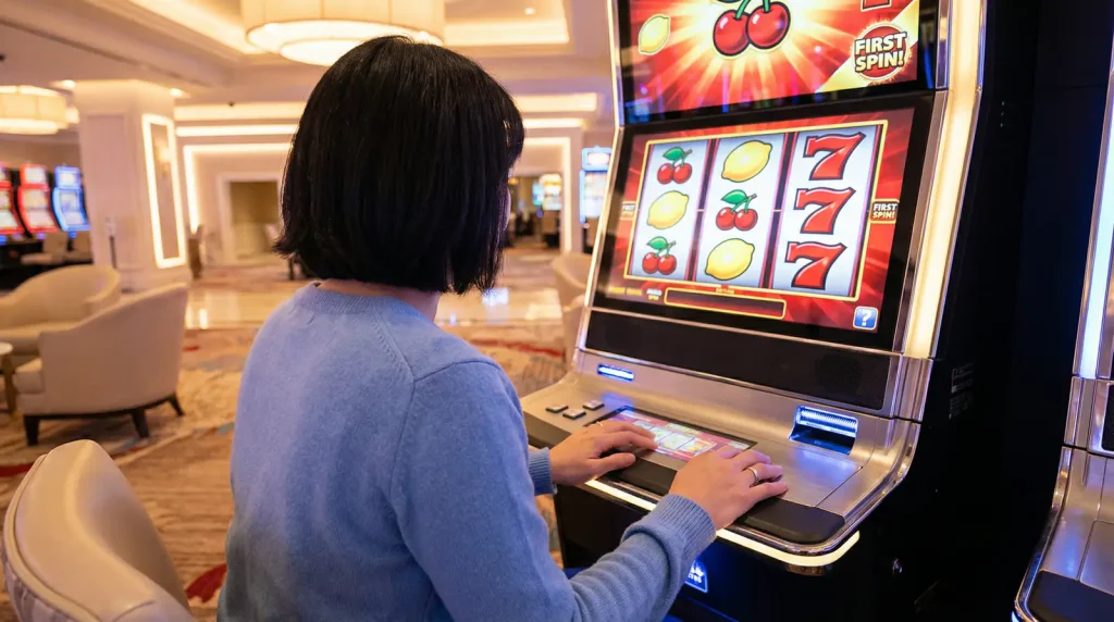 A brightly lit slot machine with simple fruit symbols seen from the perspective of a new player sitting down