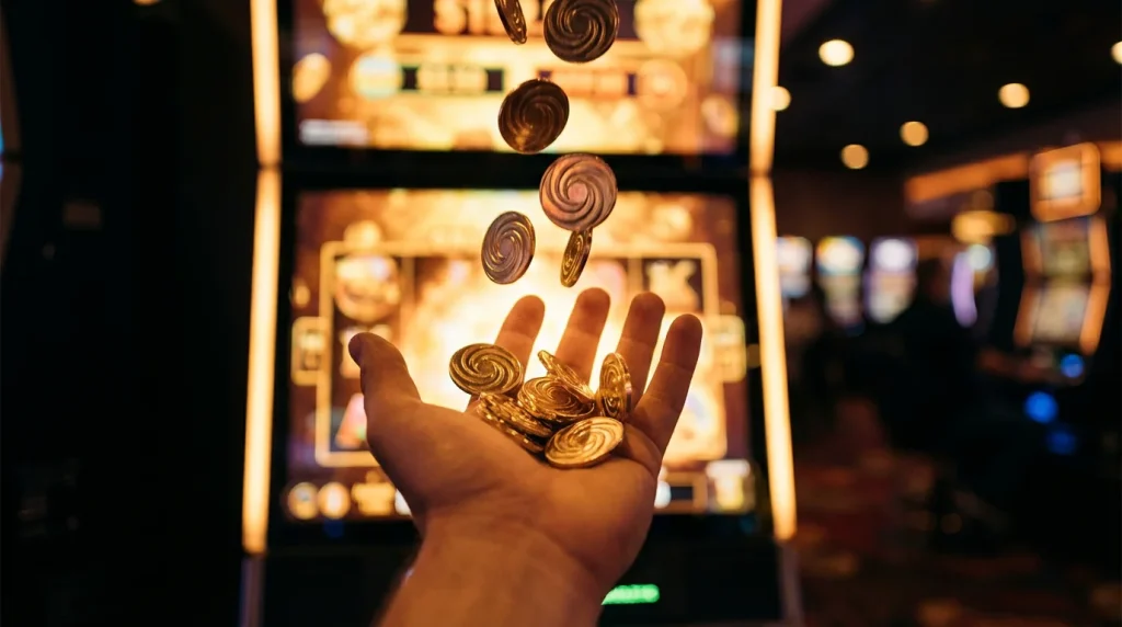 A hand receiving golden coins falling back from a glowing slot machine screen