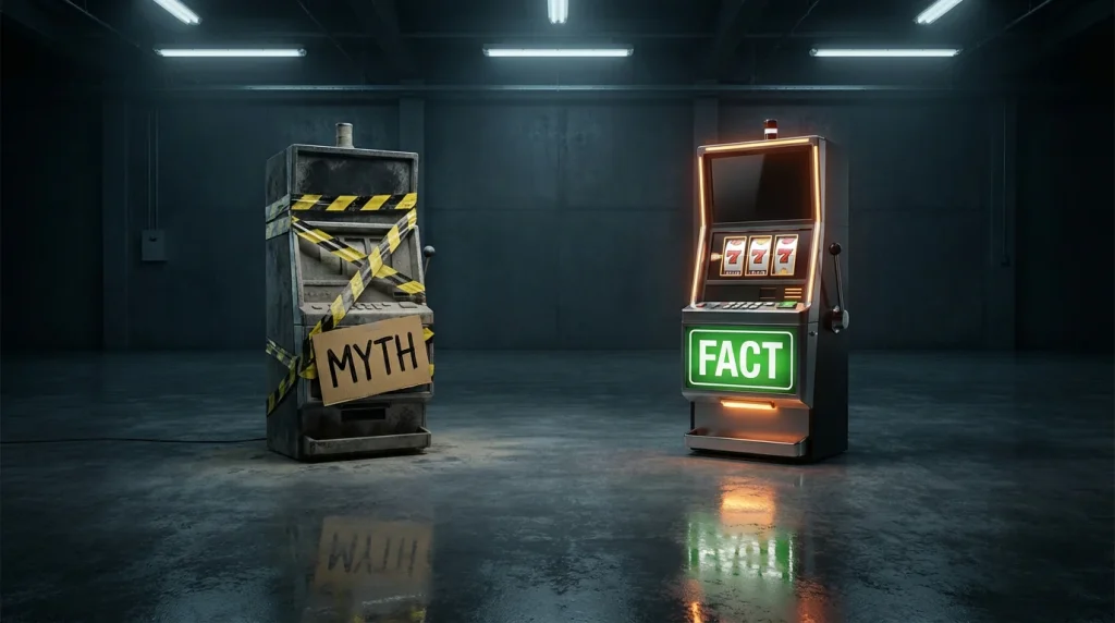 Two contrasting slot machines side by side — one wrapped in caution tape labelled MYTH, the other glowing cleanly labelled FACT