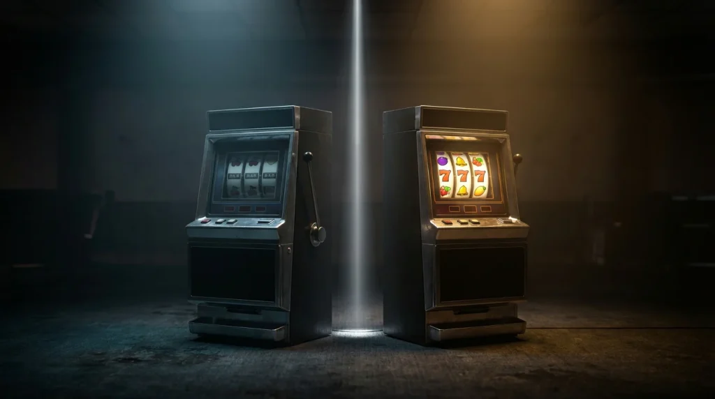 Non-GamStop slots vs UKGC slots – two slot machines side by side under different lighting