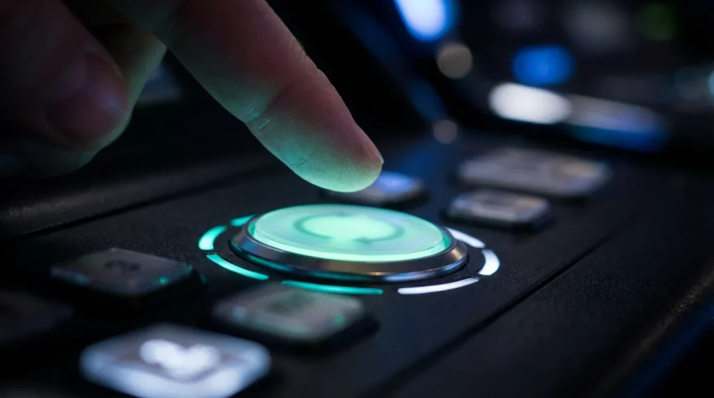 Non-GamStop slots with autoplay — finger pressing a glowing spin button on a slot panel