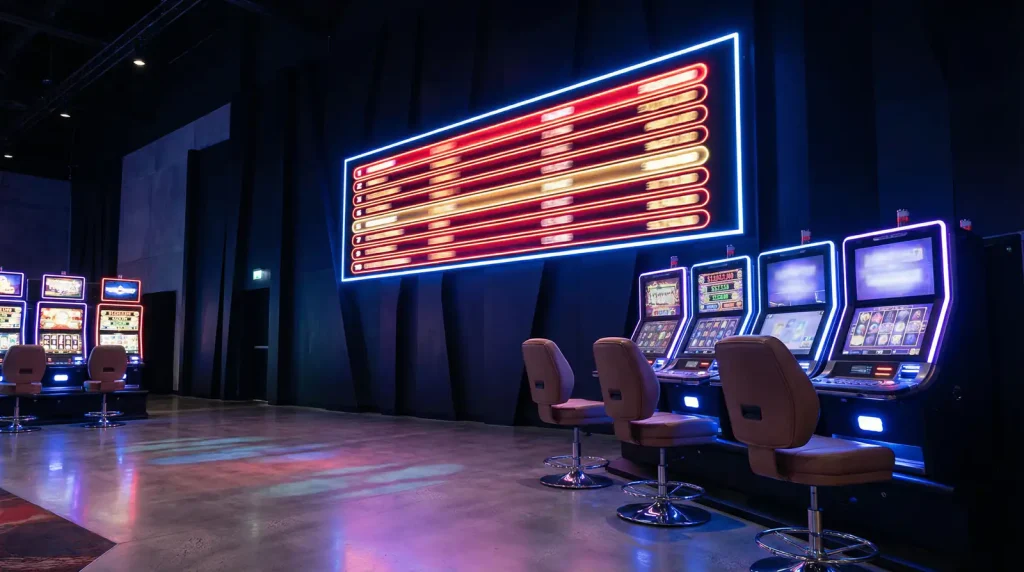 A large neon leaderboard screen above a row of slot machines in a modern casino hall