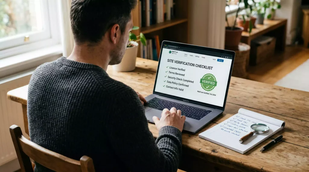 A person checking a laptop screen with a magnifying glass next to a notepad with a verification checklist