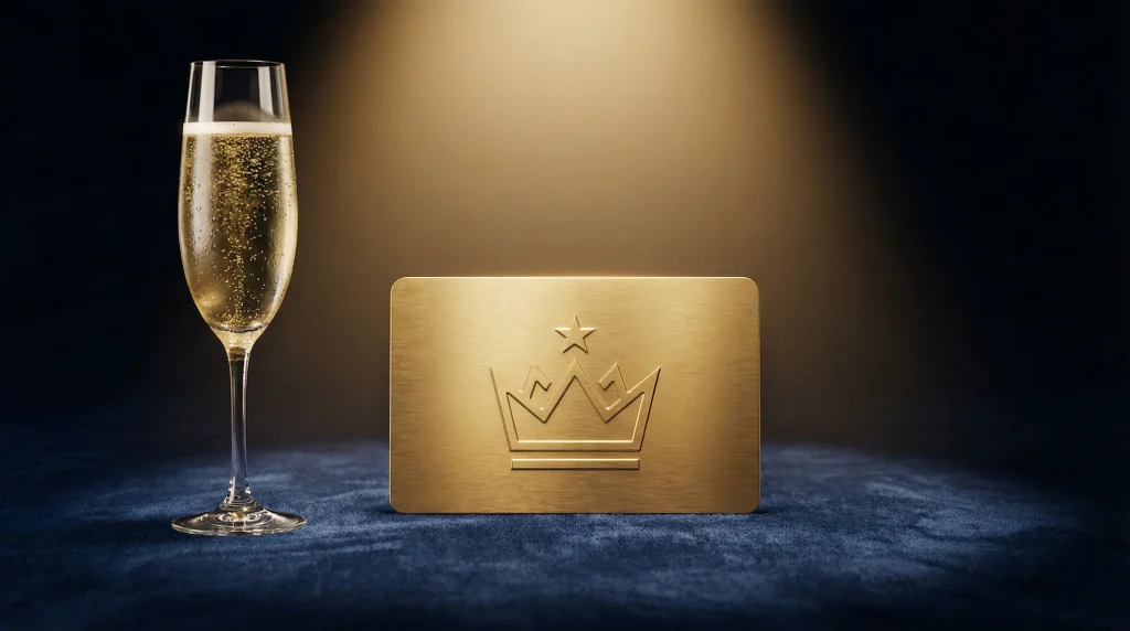 A gold VIP membership card resting on dark velvet beside a champagne glass in a private casino lounge
